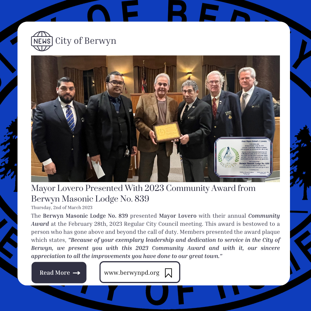 Mayor Presented 2023 Community Award Berwyn Masonic Lodge 839