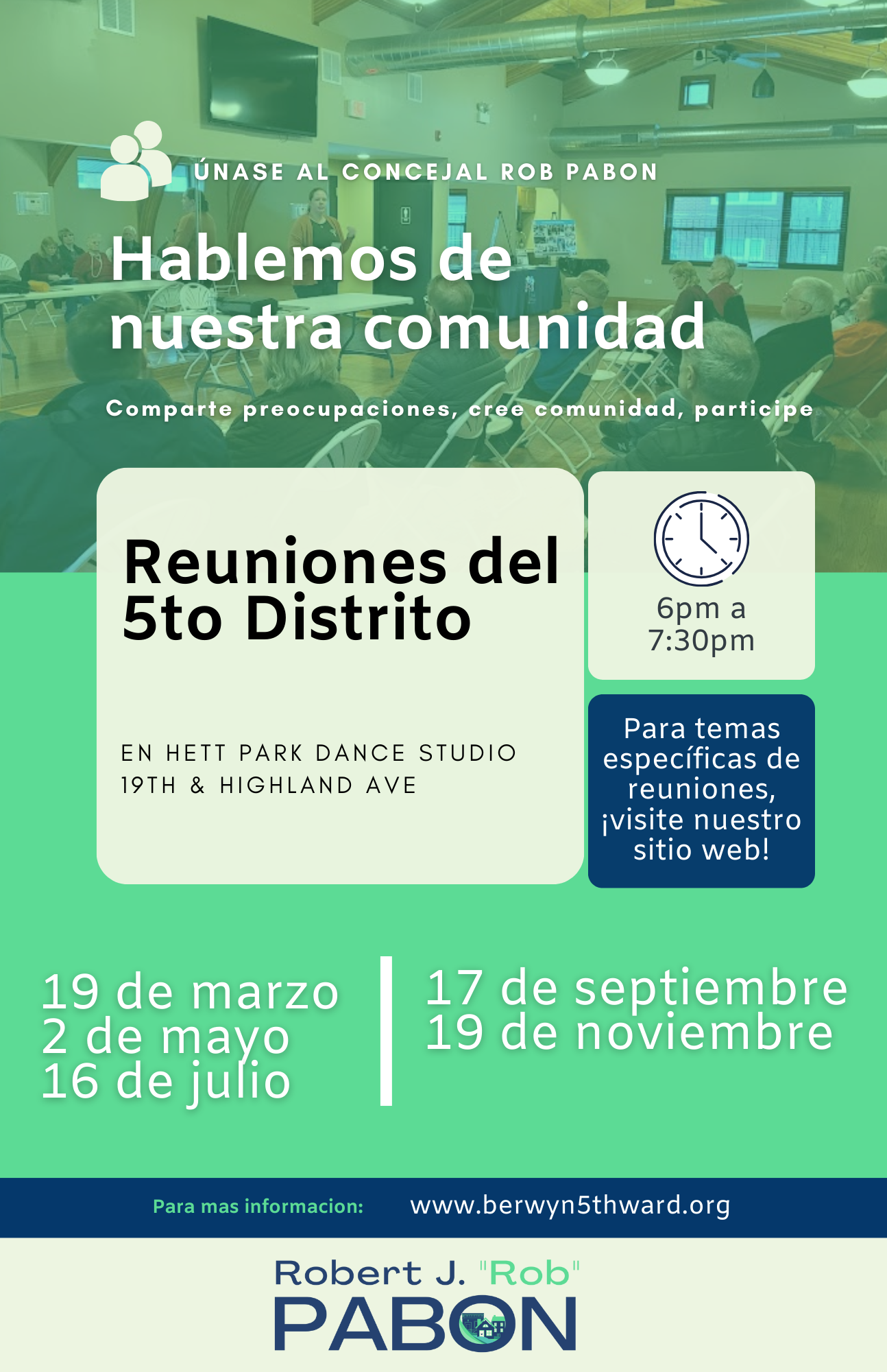 Junta Comunitaria del Quinto Distrito 19 de marzo, 2 de mayo, 16 de julio, 17 de septiembre, 19 de noviembre de 6pm hasta 7:30pm en Hett Park ubicado en la calle 19 y avenida highland